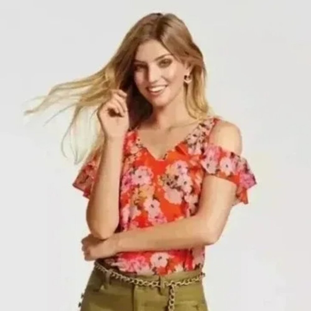 CAbi Lush Cold Shoulder Top Floral‎ Orange Women's Size M